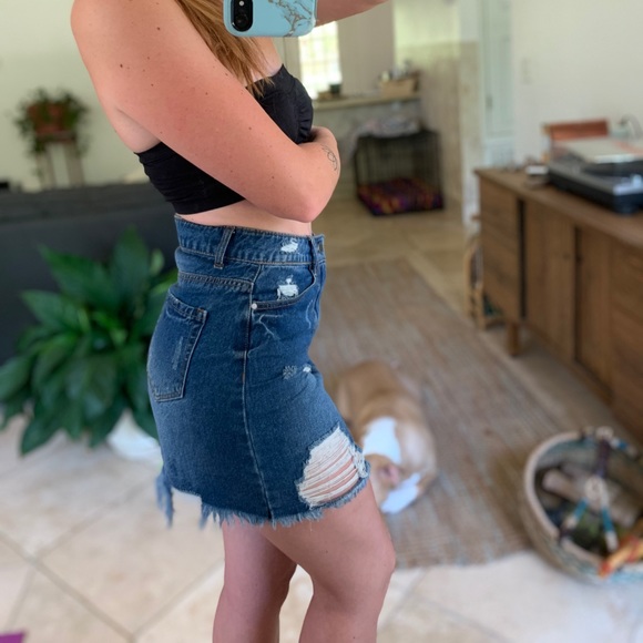 Denim Distressed Mini Skirt - Picture 2 of 4